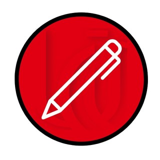 The white outline of an ink pen is placed diagnolly over a red background that contains the letters UC